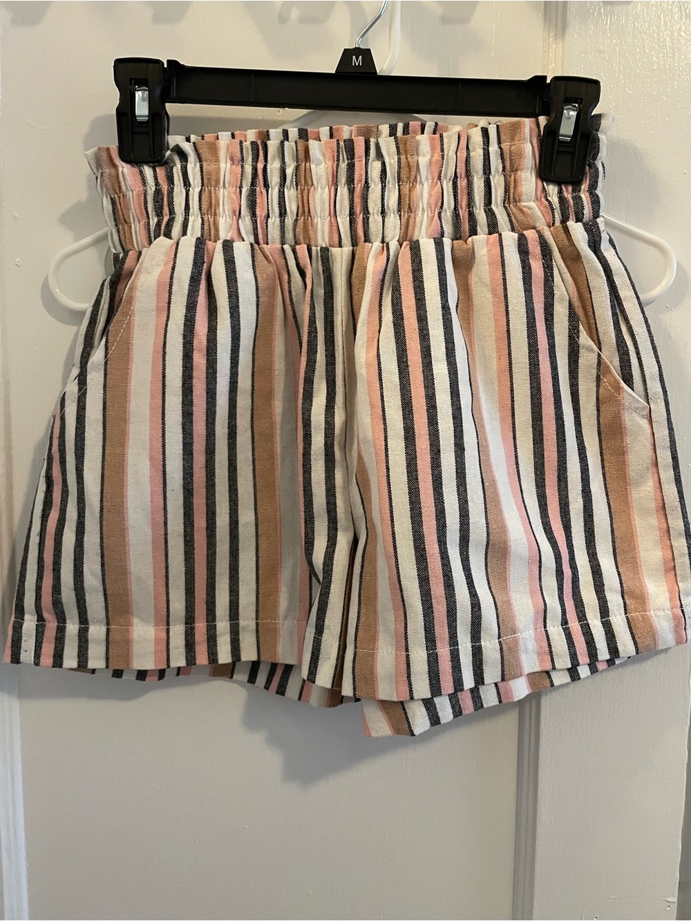 Ciso High-Waist Striped Paperbag Shorts in Pink, Cream & Black